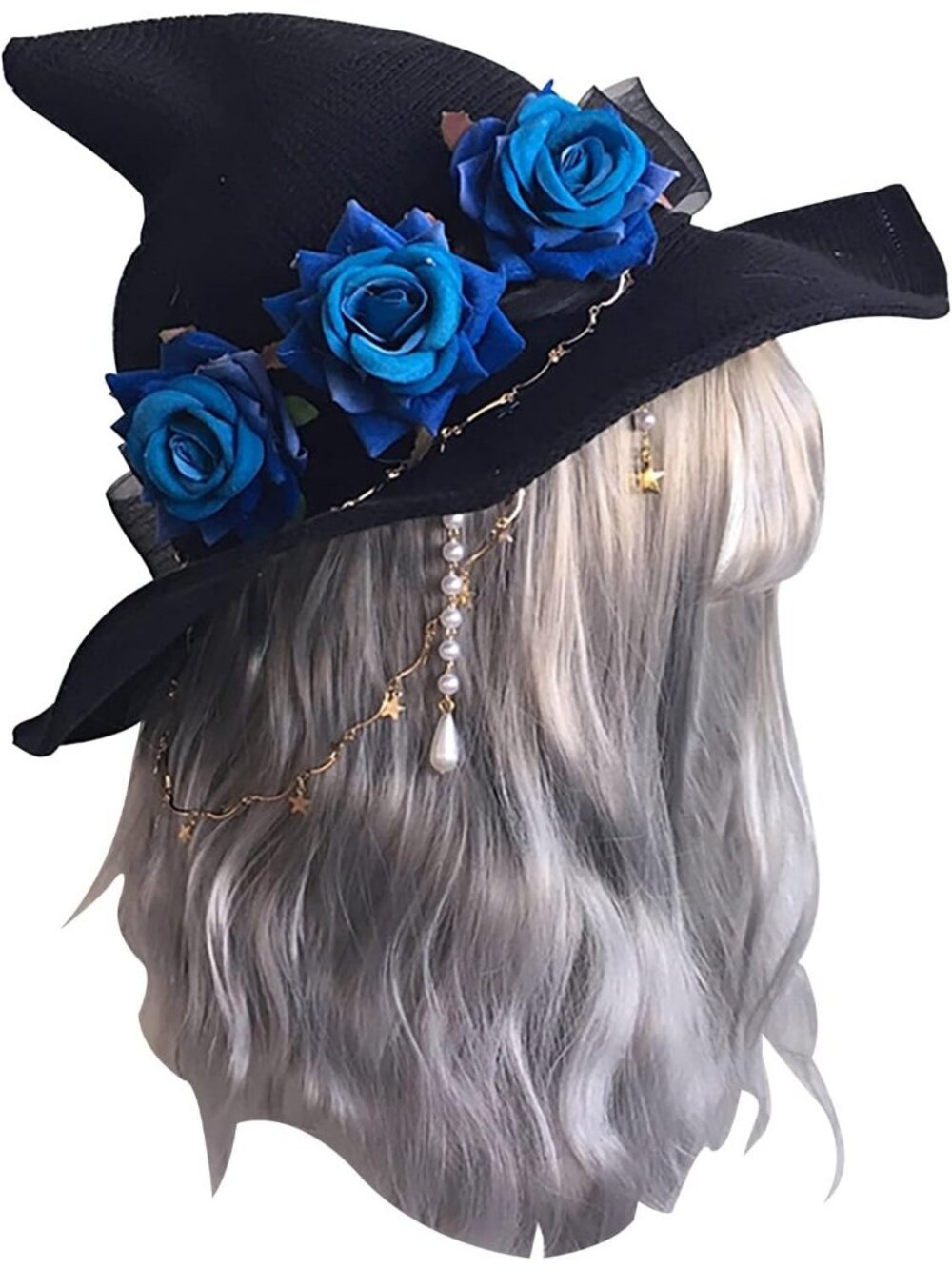 🎃Women's Black With Blue Roses Witch Hat Halloween Party Costume Headwear Hat